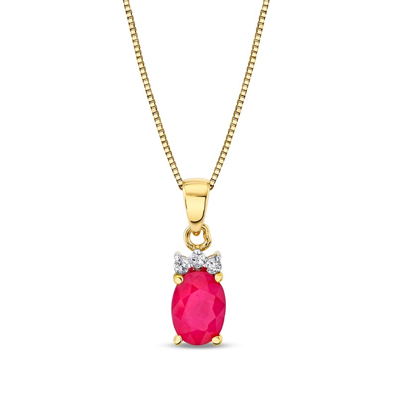 Oval Ruby and 1/20 CT. T.W. Diamond Tri-Top Pendant in 14K Gold