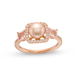 1/5 CT. T.W. Diamond, White Lab-Created Sapphire and Freshwater Cultured Pearl Ring in 10K Rose Gold