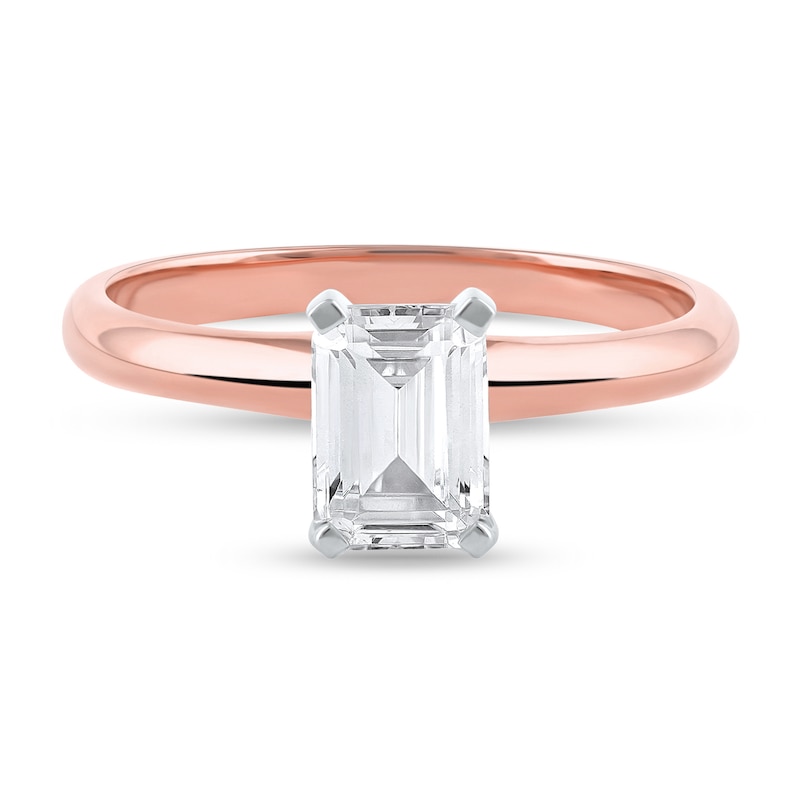 Main Image 3 of 1 CT. Certified Emerald-Cut Lab-Grown Diamond Solitaire Engagement Ring in 14K Rose Gold (F/VS2)
