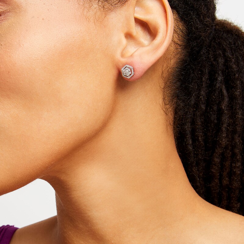 Main Image 2 of 1/5 CT. T.W. Hexagon Multi-Diamond Open Frame Stud Earrings in Sterling Silver