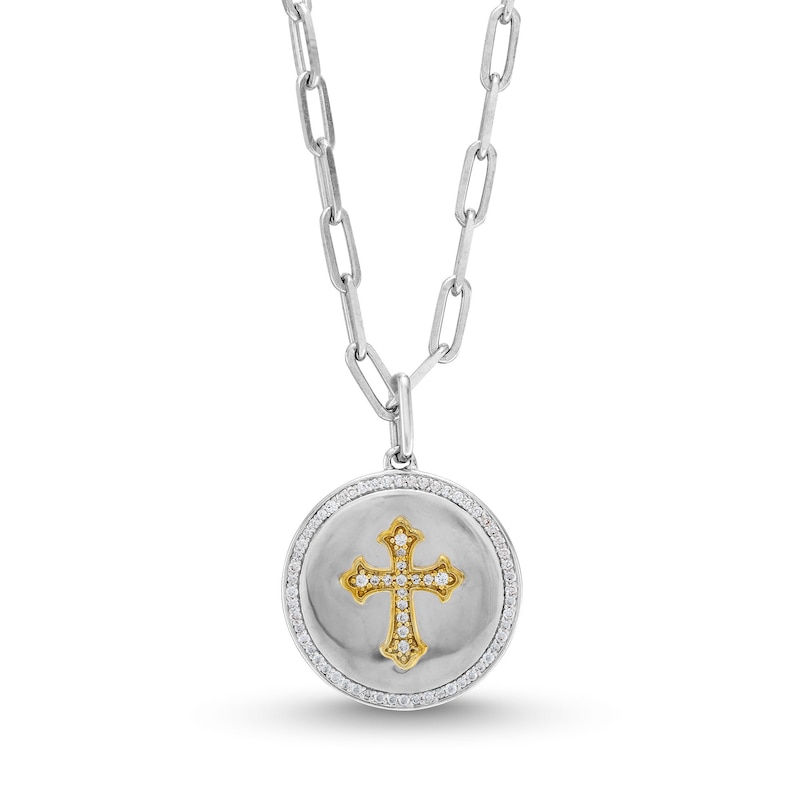 Main Image 1 of 1/4 CT. T.W. Diamond Flared Cross Medallion Pendant in Sterling Silver and 10K Gold