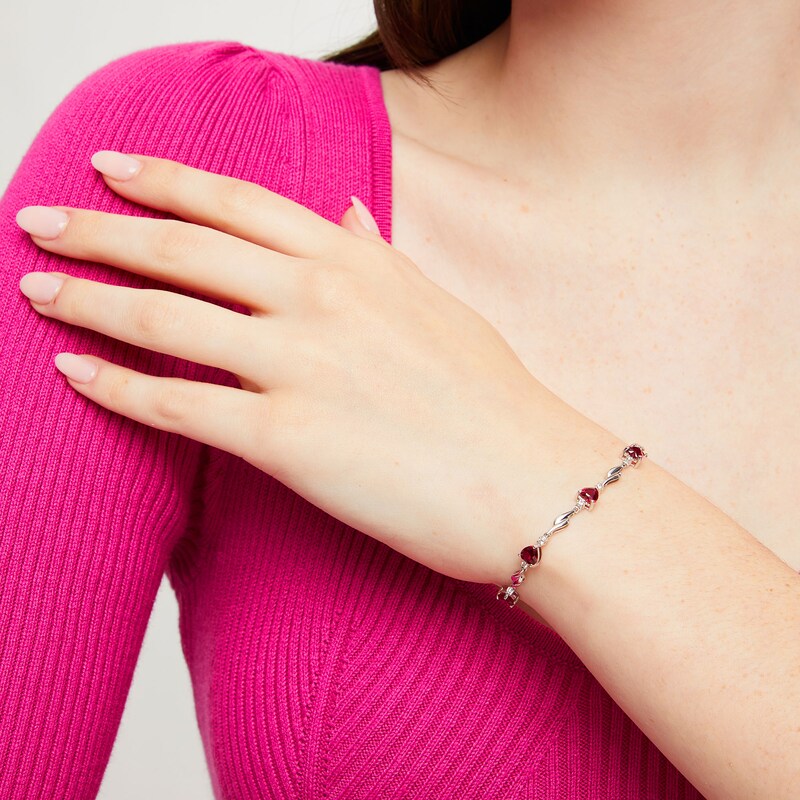 Main Image 2 of 5.0mm Heart-Shaped Lab-Created Ruby and White Lab-Created Sapphire Bypass Link Bracelet in Sterling Silver - 7.25"