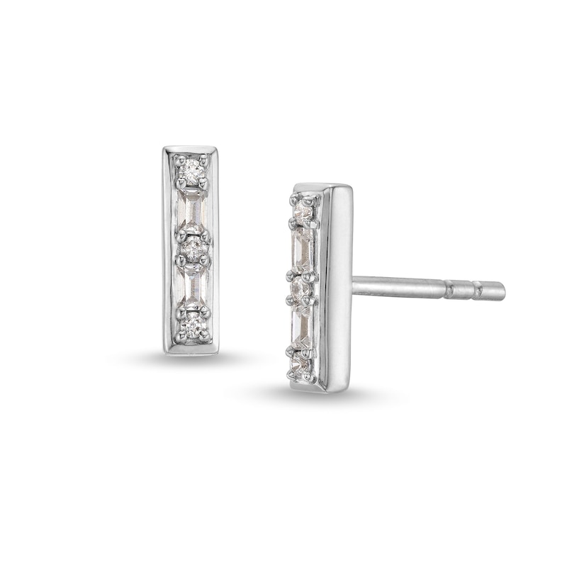 Main Image 1 of 1/10 CT. T.W. Baguette and Round Diamond Bar Stud Earrings in 10K White Gold