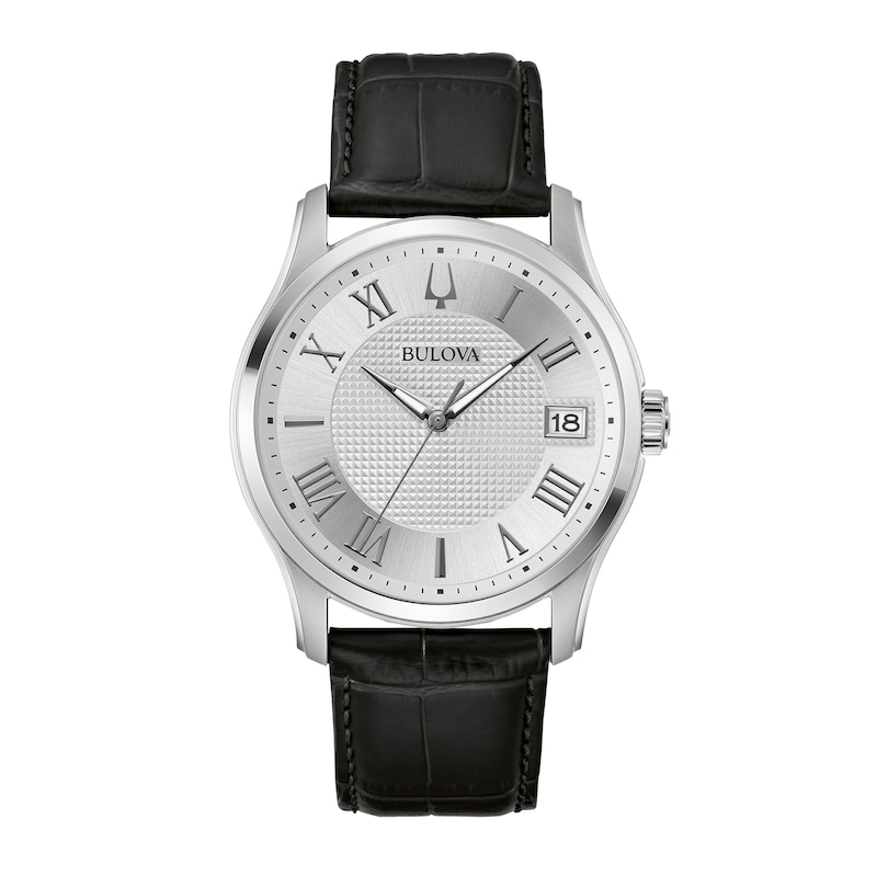 Main Image 1 of Men's Bulova Wilton Silvertone Watch with Black Leather Strap (Model: 96B388)