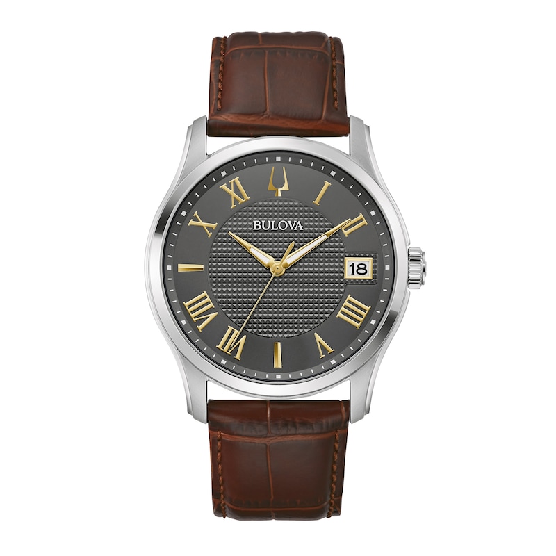 Main Image 1 of Men's Bulova Wilton Silvertone Watch with Brown Leather Strap (Model: 96B389)