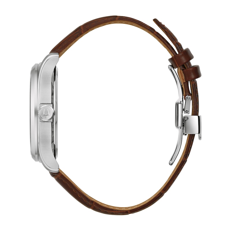 Main Image 2 of Men's Bulova Wilton Silvertone Watch with Brown Leather Strap (Model: 96B389)