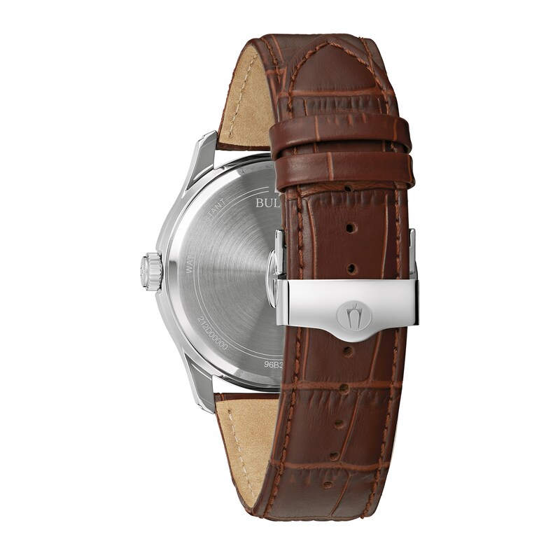 Main Image 3 of Men's Bulova Wilton Silvertone Watch with Brown Leather Strap (Model: 96B389)