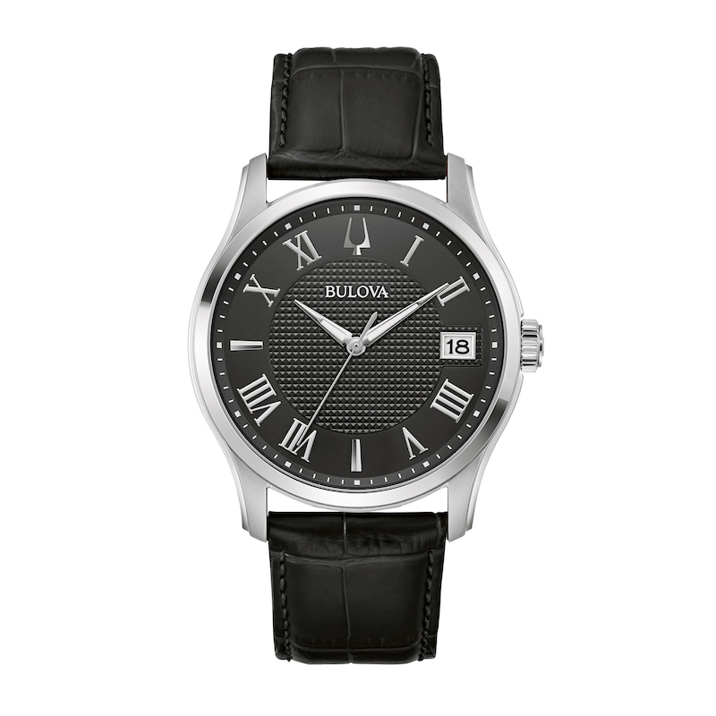 Main Image 1 of Men's Bulova Wilton Silvertone Watch with Black Leather Strap (Model: 96B390)