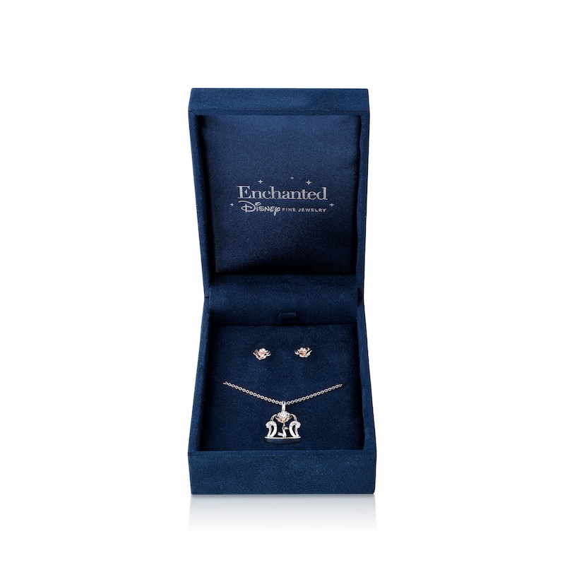 Main Image 1 of Enchanted Disney Belle 1/8 CT. T.W. Diamond Rose Pendant and Earrings Set in Sterling Silver and 10K Rose Gold