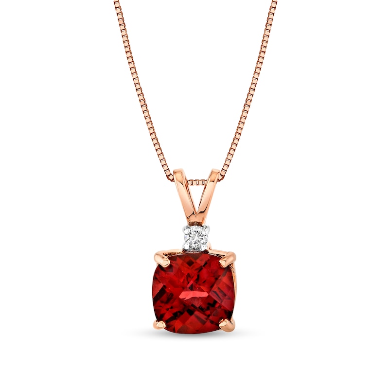 Main Image 1 of 7.0mm Cushion-Shaped Garnet and Diamond Accent Pendant in 14K Rose Gold