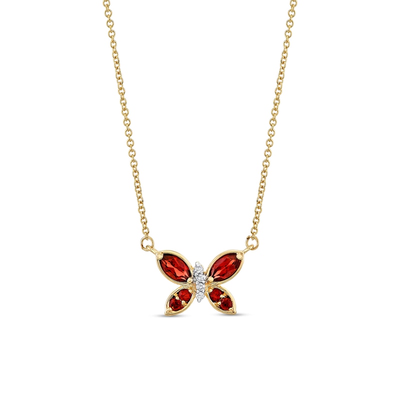 Main Image 1 of Marquise and Round Garnet with 1/20 CT. T.W. Diamond Butterfly Necklace in 14K Gold