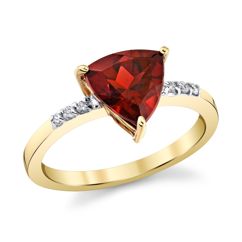Main Image 1 of 8.0mm Trillion-Cut Garnet and 1/20 CT. T.W. Diamond Ring in 10K Gold