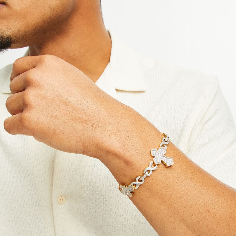 Main Image 2 of Men's 2 CT. T.W. Diamond Gothic-Style Cross Infinity Chain Link Bracelet in 10K Gold - 8.5"
