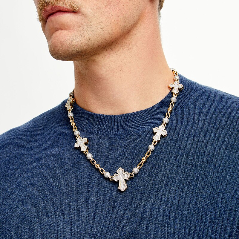 Main Image 2 of Men's 5 CT. T.W. Diamond Gothic-Style Cross with Beads Necklace in 10K Gold - 22"