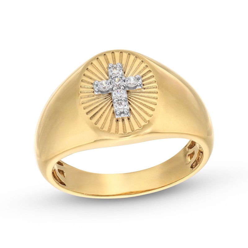 Main Image 1 of Men's 1/10 CT. T.W. Diamond Cross Sunburst Oval Signet Ring in 14K Gold