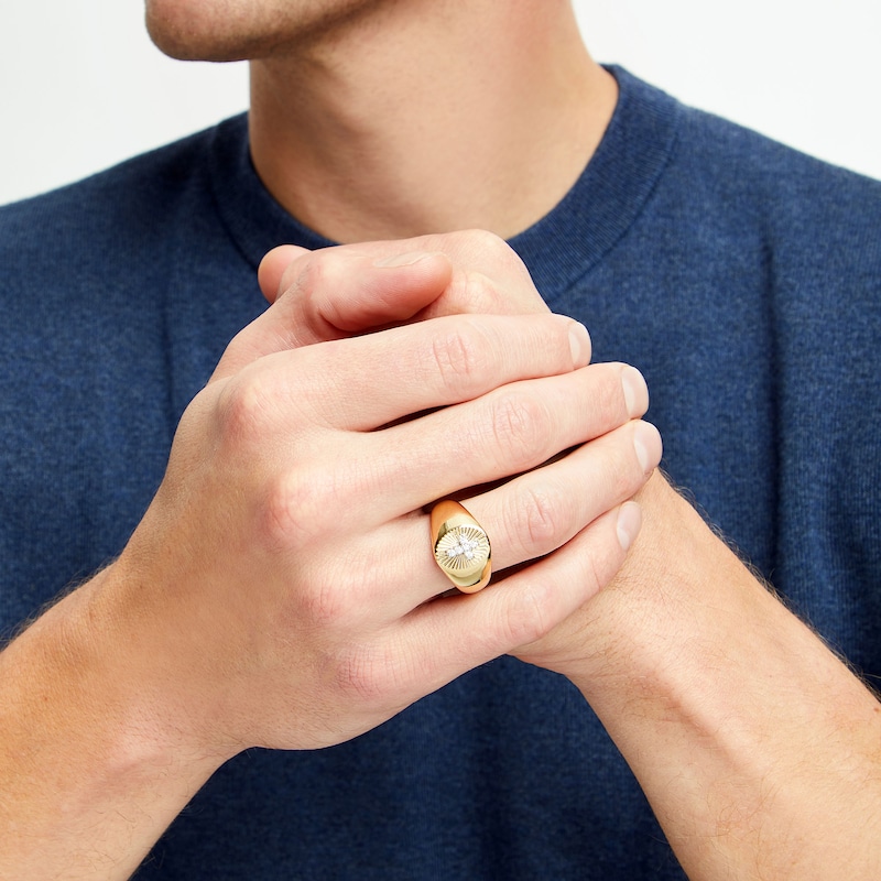 Main Image 2 of Men's 1/10 CT. T.W. Diamond Cross Sunburst Oval Signet Ring in 14K Gold