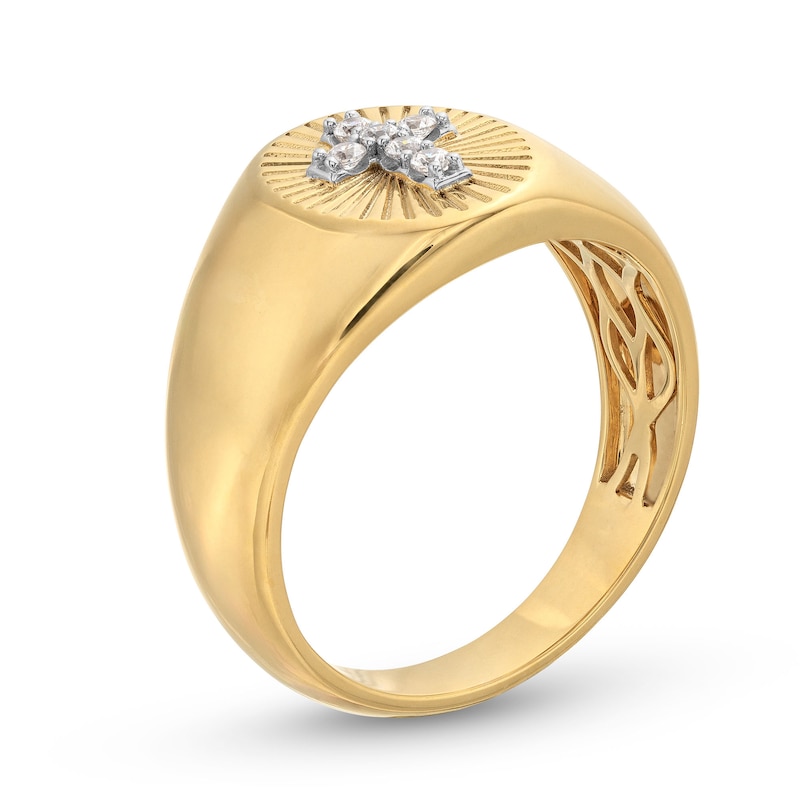 Main Image 3 of Men's 1/10 CT. T.W. Diamond Cross Sunburst Oval Signet Ring in 14K Gold