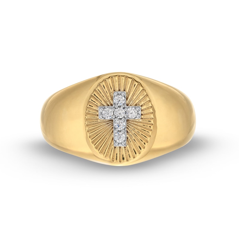 Main Image 4 of Men's 1/10 CT. T.W. Diamond Cross Sunburst Oval Signet Ring in 14K Gold