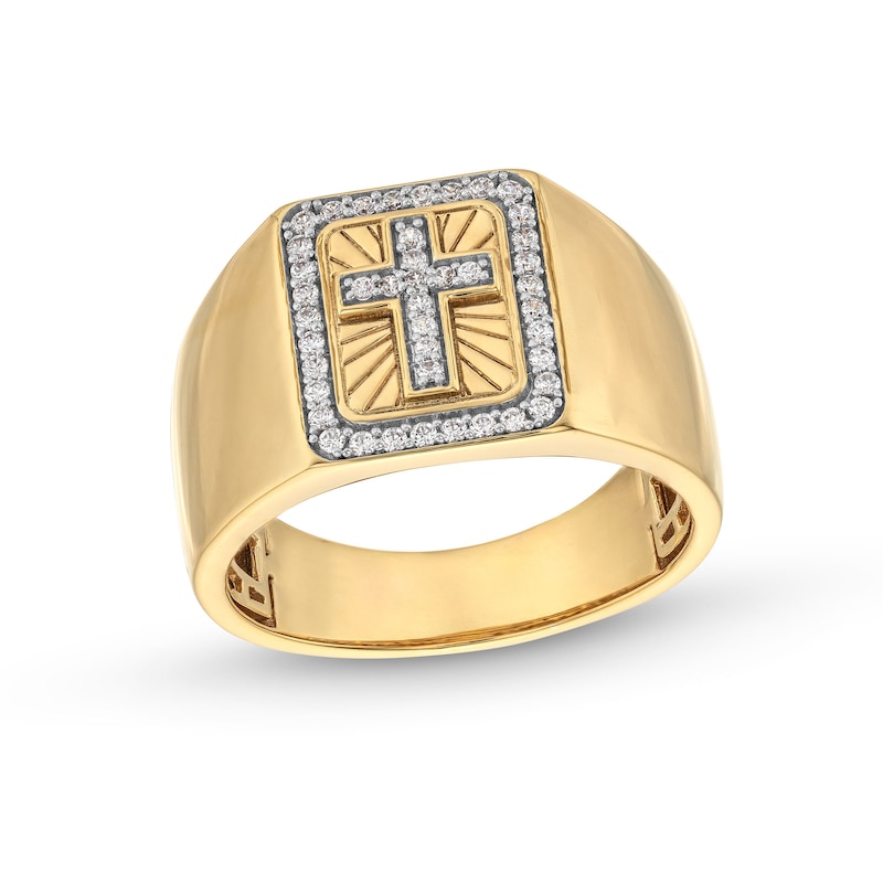 Main Image 1 of 1/4 CT. T.W. Diamond Cross Square-Top Signet Ring in 14K Gold