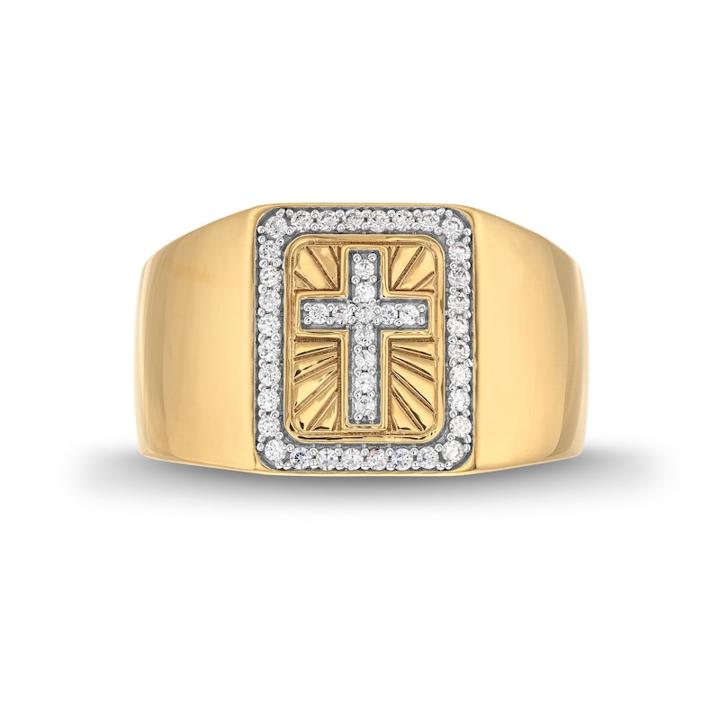 Main Image 4 of 1/4 CT. T.W. Diamond Cross Square-Top Signet Ring in 14K Gold