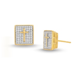 Men's 1/2 CT. T.W. Diamond Cross Square Stud Earrings in 14K Gold