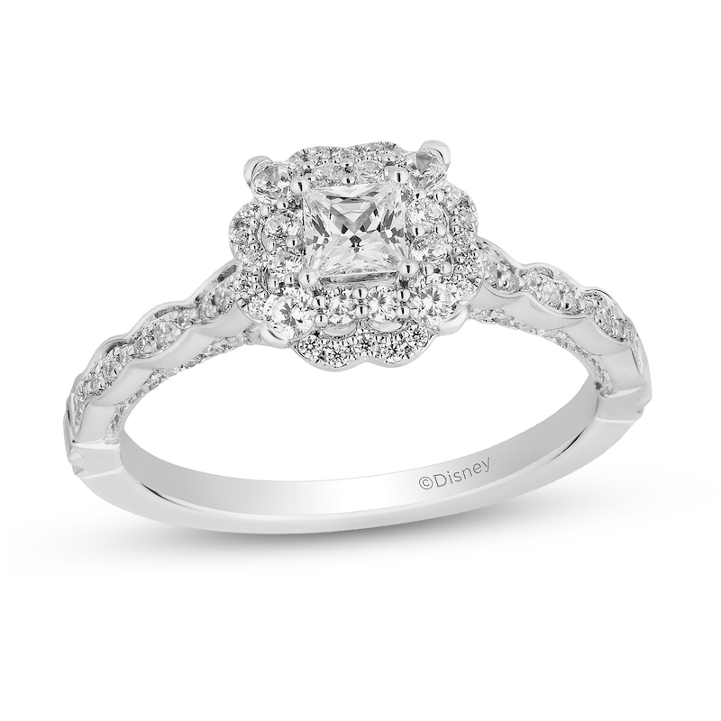 Main Image 1 of Enchanted Disney Cinderella 3/4 CT. T.W. Princess-Cut Diamond Frame Scallop Shank Engagement Ring in 14K White Gold