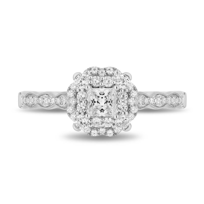 Main Image 4 of Enchanted Disney Cinderella 3/4 CT. T.W. Princess-Cut Diamond Frame Scallop Shank Engagement Ring in 14K White Gold