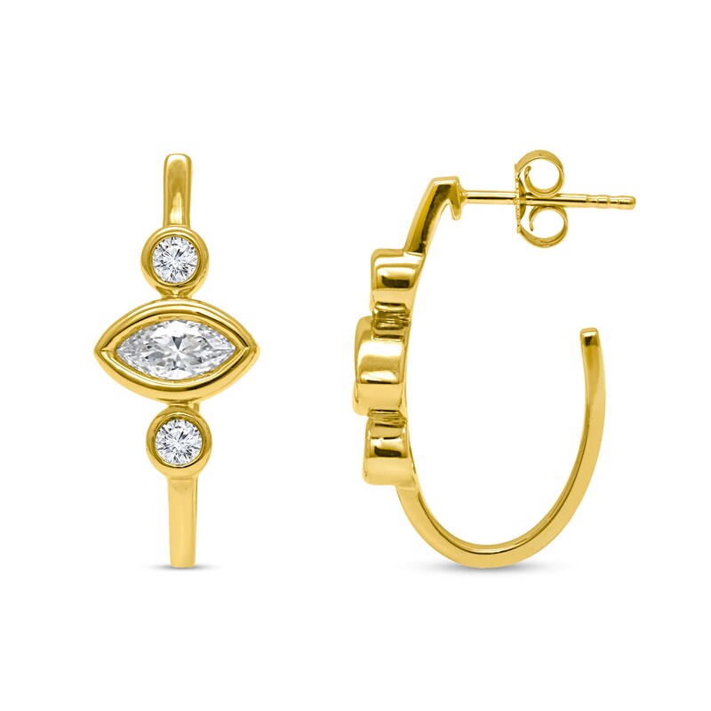 1 CT. T.W. Marquise and Round Diamond Three Stone J-Hoop Earrings in 14K Gold