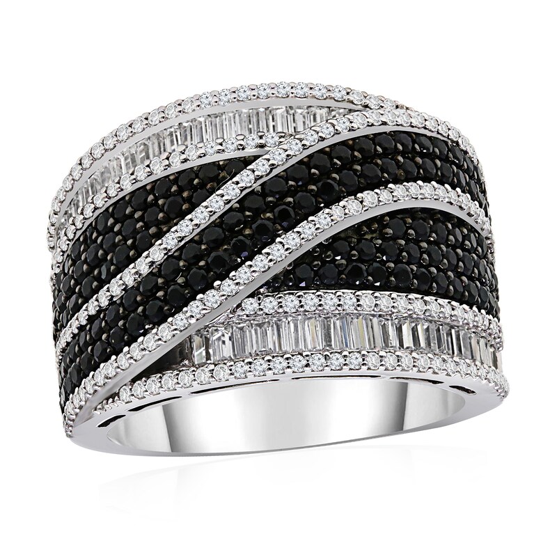 Main Image 1 of 1-3/4 CT. T.W. Black and White Diamond Overlay Ribbon Multi-Row Ring in 10K White Gold
