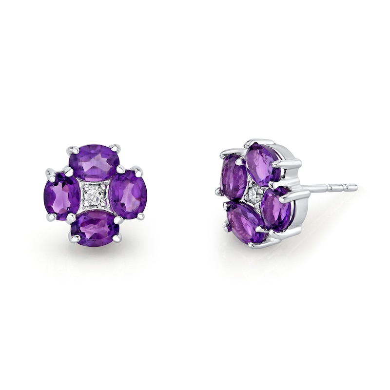 Main Image 1 of Oval Amethyst and 1/20 CT. T.W. Diamond Flower Stud Earrings in 14K White Gold