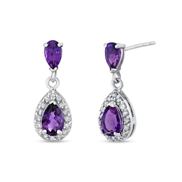 Pear-Shaped Amethyst and 1/4 CT. T.W. Diamond Frame Drop Earrings in 14K White Gold