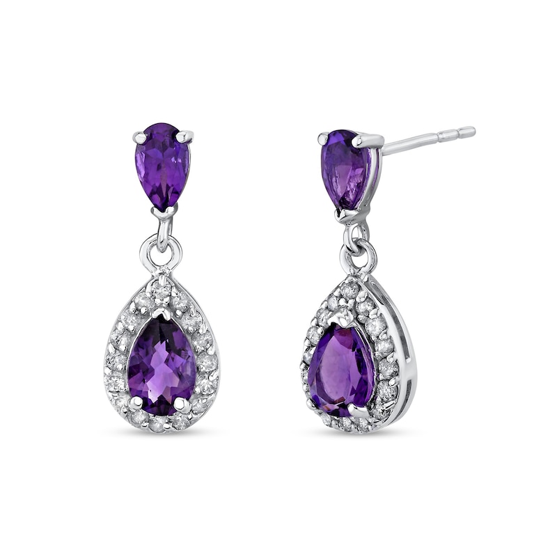 Main Image 1 of Pear-Shaped Amethyst and 1/4 CT. T.W. Diamond Frame Drop Earrings in 14K White Gold
