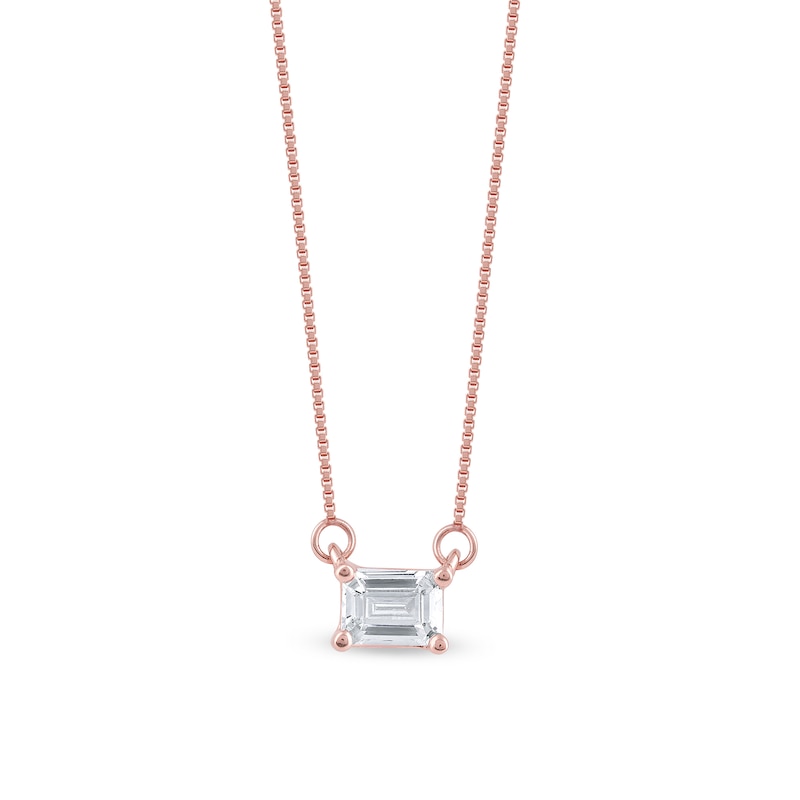 Main Image 1 of 1/3 CT. Emerald-Cut Certified Lab-Grown Diamond Solitaire Sideways Necklace in 14K Rose Gold (F/SI2)