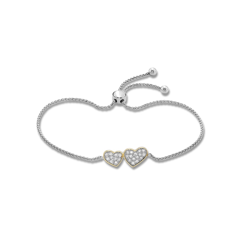 1/4 CT. T.W. Lab-Created Multi-Diamond Double Heart Bolo Bracelet in Sterling Silver and 18K Gold Plate (I/SI2) - 8.75"