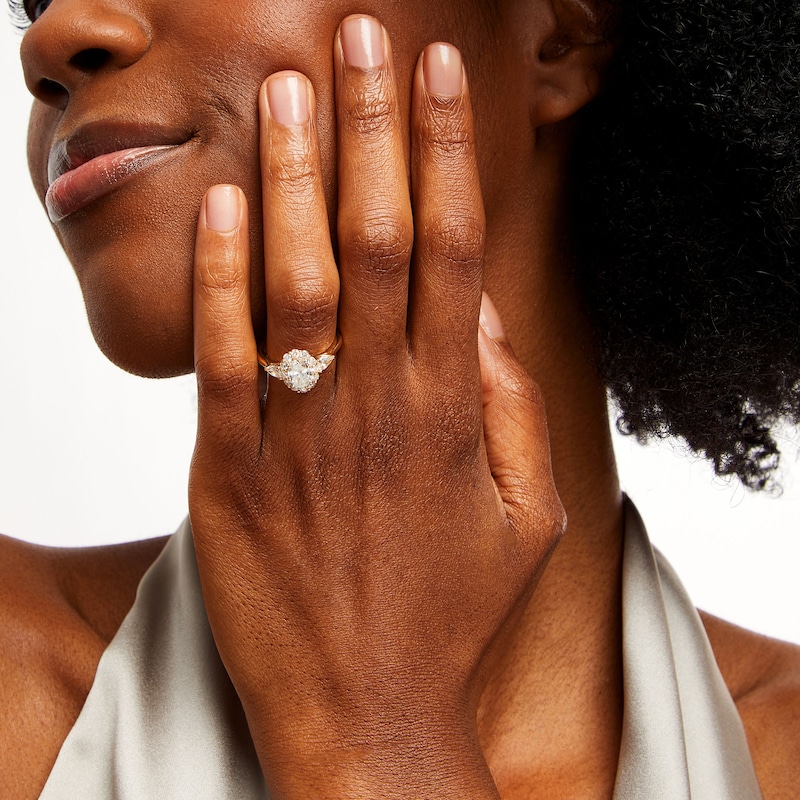 Main Image 2 of 1-3/4 CT. T.W. Oval Diamond Frame Leaf-Sides Engagement Ring in 14K Gold