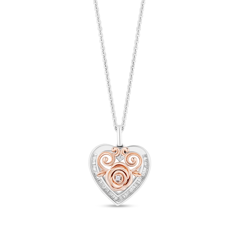 Main Image 1 of Enchanted Disney Belle 1/5 CT. T.W. Diamond Rose Heart Frame Pendant in Sterling Silver and 10K Rose Gold - 19"