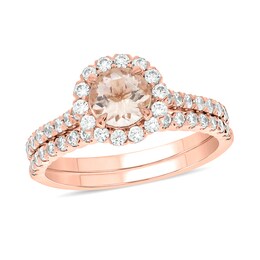 6.0mm Morganite and 3/4 CT. T.W. Diamond Frame Bridal Set in 10K Rose Gold