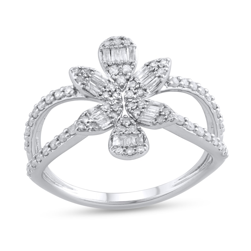 Main Image 1 of 1/2 CT. T.W. Multi-Diamond Flower Split Shank Ring in 10K White Gold