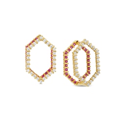 Lab-Created Ruby and White Lab-Created Sapphire Double Hexagon Earrings in 10K Gold