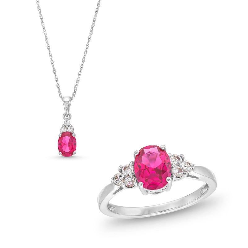 Main Image 1 of Oval Lab-Created Ruby and White Lab-Created Sapphire Pendant and Ring Set in Sterling Silver