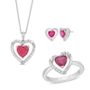 Thumbnail Image 1 of Heart-Shaped Lab-Created Ruby and White Lab-Created Sapphire Pendant, Ring and Earrings Set in Sterling Silver