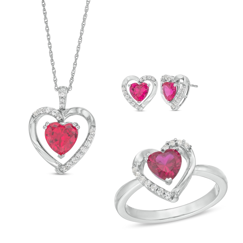 Main Image 1 of Heart-Shaped Lab-Created Ruby and White Lab-Created Sapphire Pendant, Ring and Earrings Set in Sterling Silver