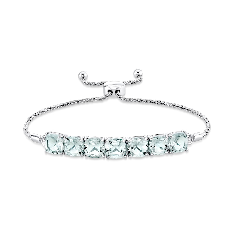 Main Image 1 of 7.0mm Cushion-Shaped Aquamarine Seven Stone Bolo Bracelet in Sterling Silver - 8"