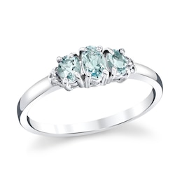 Oval Aquamarine and Diamond Accent Three Stone Ring in 14K White Gold