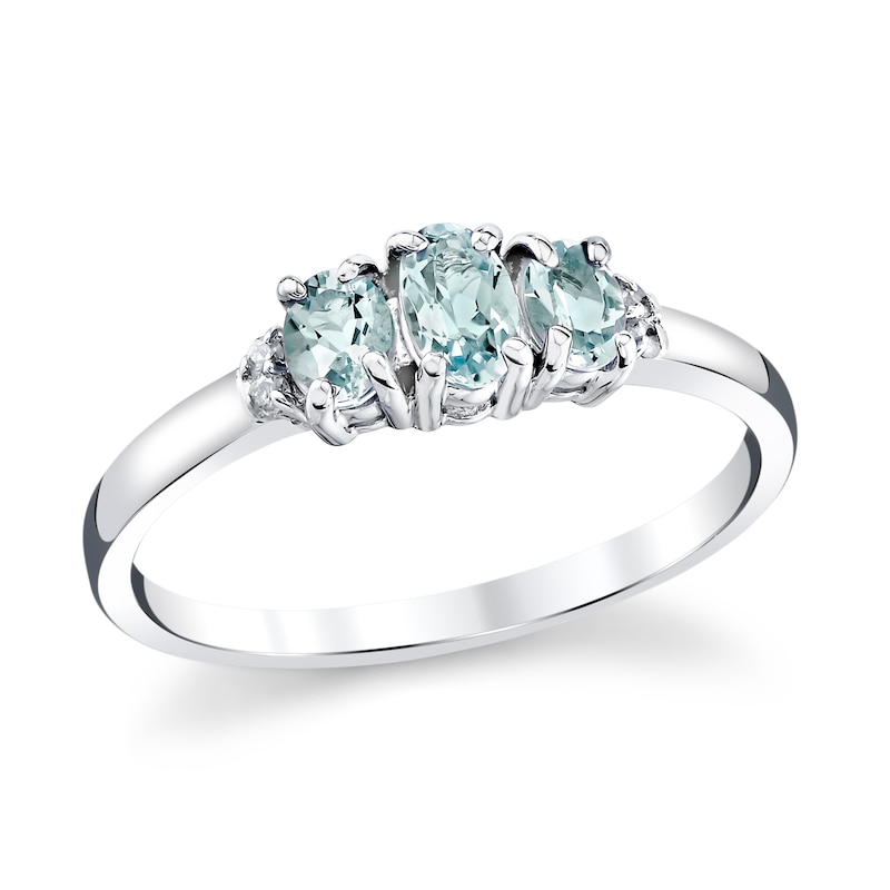 Oval Aquamarine and Diamond Accent Three Stone Ring in 14K White Gold