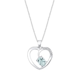 Offset Oval Aquamarine and Diamond Accent Heart Pendant in 14K White Gold
