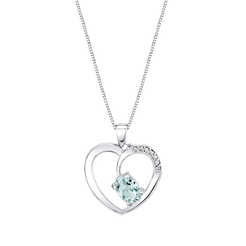 Main Image 1 of Offset Oval Aquamarine and Diamond Accent Heart Pendant in 14K White Gold