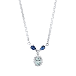 Oval Aquamarine, Iolite and 1/6 CT. T.W. Diamond Sunburst Frame &quot;Y&quot; Necklace in 14K White Gold - 16&quot;