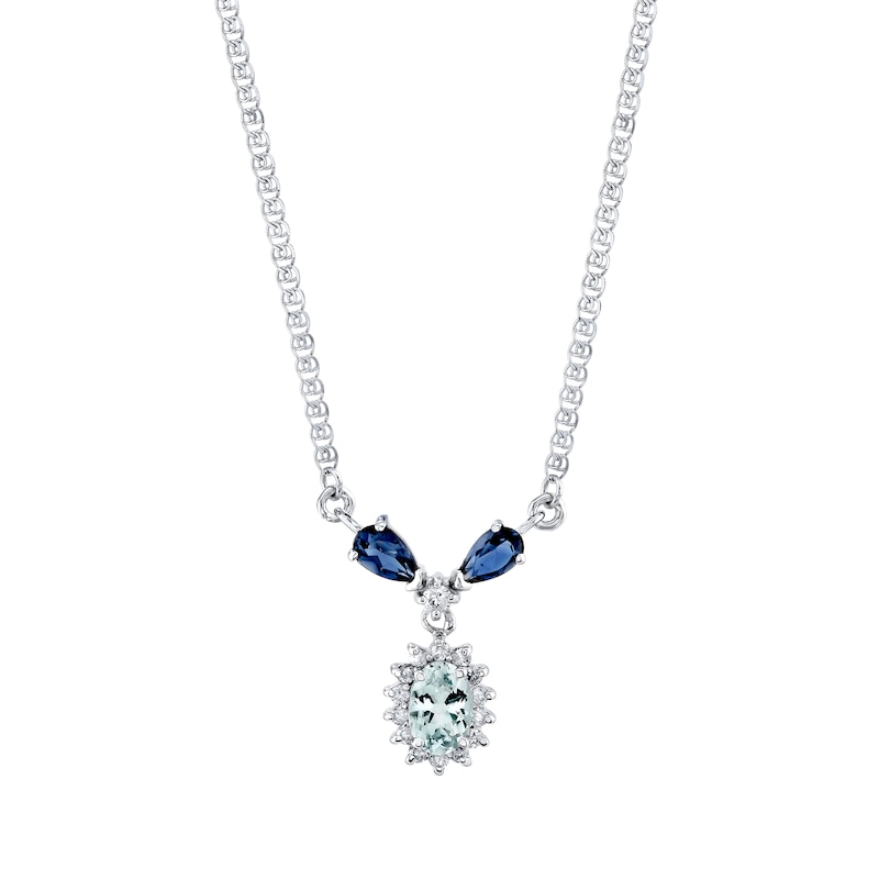 Main Image 1 of Oval Aquamarine, Iolite and 1/6 CT. T.W. Diamond Sunburst Frame "Y" Necklace in 14K White Gold - 16"