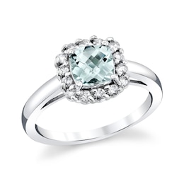 6.0mm Cushion-Cut Aquamarine and 1/4 CT. T.W. Diamond Frame Ring in 14K White Gold